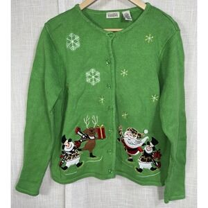 Classic Elements Women's M Christmas Sweater Green Santa Frosty Reindeer Leopard